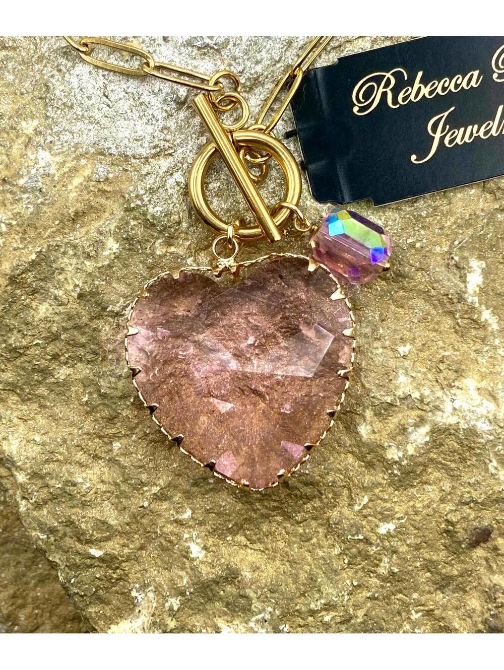 Charm Necklace with Pronged Pink Crystal Heart Pendant